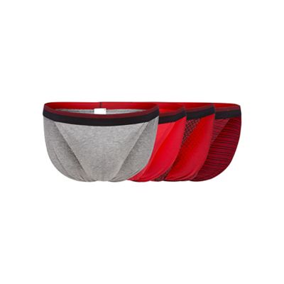 Pack of four red and grey plain and patterned tanga briefs